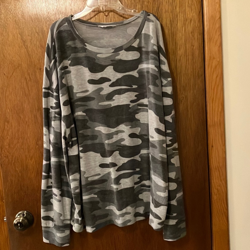 Time and true long sleeve, gray and silver camo women’s top